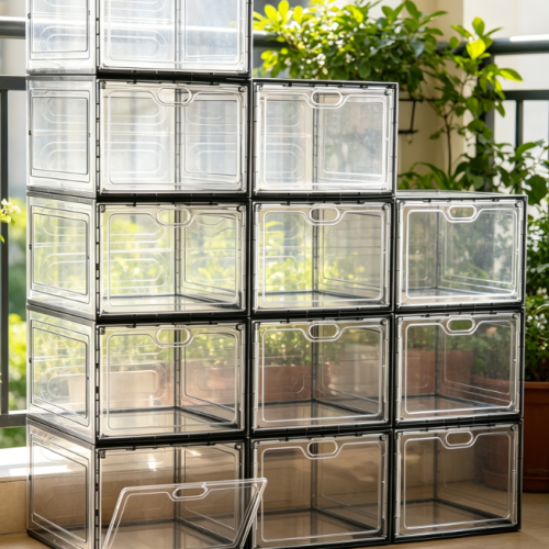 Alternative view of Transparent Gray, Stackable Shoe Box with Front-Opening Door