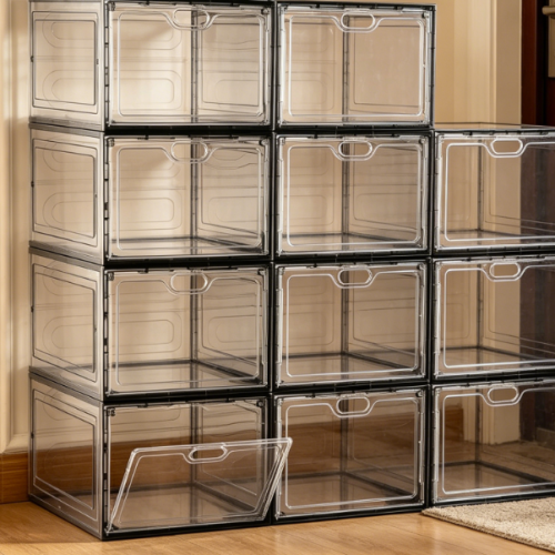 Transparent Gray, Stackable Shoe Box with Front-Opening Door