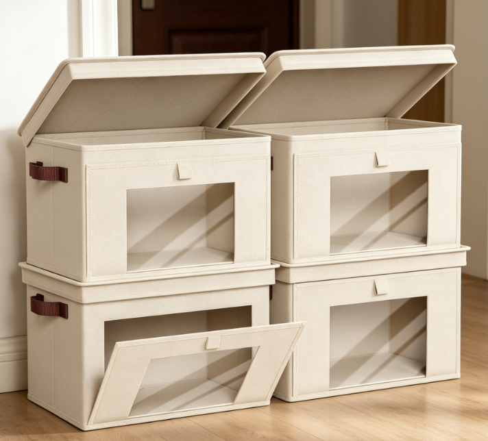 Beige Fabric Foldable Storage Bin with Viewing Window - Image 2