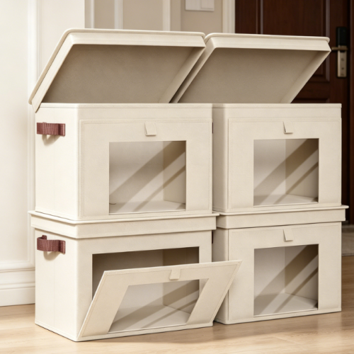 Beige Fabric Foldable Storage Bin with Viewing Window
