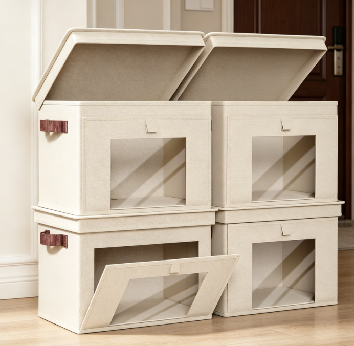Beige Fabric Foldable Storage Bin with Viewing Window