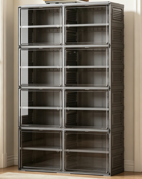 Black Transparent Stackable Shoe Cabinet with Door - Image 2