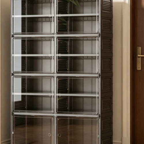 Black Transparent Stackable Shoe Cabinet with Door