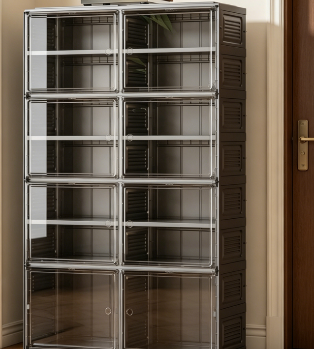 Black Transparent Stackable Shoe Cabinet with Door