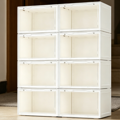 White Foldable Transparent Shoe Box with Side-Opening Door
