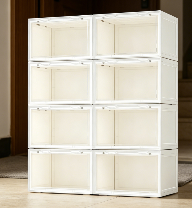 White Foldable Transparent Shoe Box with Side-Opening Door